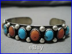 Rare! Vintage Navajo Tasuse Turquoise Coral Sterling Silver Bracelet