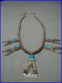 Rare Vintage Navajo Turquoise Coral Sterling Silver Feather Necklace