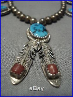 Rare Vintage Navajo Turquoise Coral Sterling Silver Feather Necklace