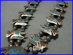 Rare Vintage Navajo Turquoise Coral Sterling Silver Squash Blossom Necklace