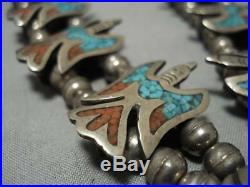Rare Vintage Navajo Turquoise Coral Sterling Silver Squash Blossom Necklace