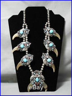Rare Vintage Navajo Turquoise Coral Sterling Silver Squash Blossom Necklace Old