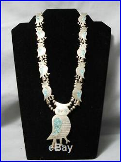 Rare Vintage Navajo Turquoise Sterling Silver Owl Squash Blossom Necklace Old