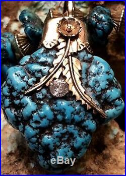 Rare Vintage Navajo handmade 14k Gold Diamond And Gem Turquoise Stone Necklace