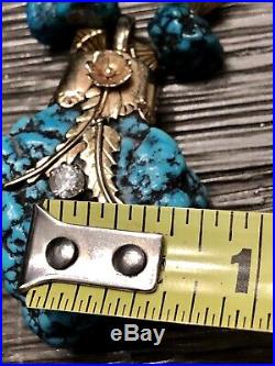Rare Vintage Navajo handmade 14k Gold Diamond And Gem Turquoise Stone Necklace
