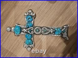 Rare Vintage Navajo-large Silver And Turquoise Cross Pendant-native American