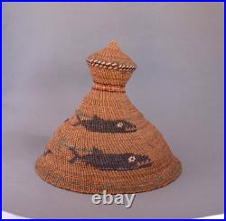 Rare Vintage Older Northwest Coast Whaler's Hat Basket Pictorial Whales