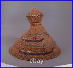 Rare Vintage Older Northwest Coast Whaler's Hat Basket Pictorial Whales