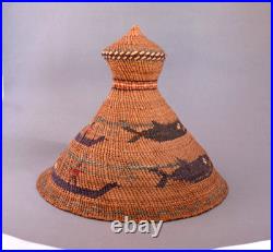 Rare Vintage Older Northwest Coast Whaler's Hat Basket Pictorial Whales