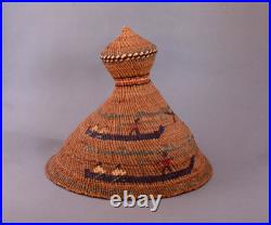 Rare Vintage Older Northwest Coast Whaler's Hat Basket Pictorial Whales