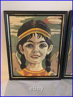 Rare Vintage Set of 2 Native American children Paint by Numbers 8 x 10 framed