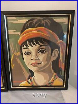 Rare Vintage Set of 2 Native American children Paint by Numbers 8 x 10 framed