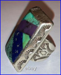 Rare Vintage Sterling Silver Large Turquoise Navajo D Bitsuie Mens Ring Size 10