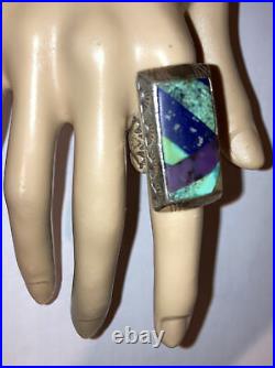 Rare Vintage Sterling Silver Large Turquoise Navajo D Bitsuie Mens Ring Size 10