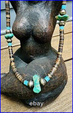 Rare Vintage Turquoise And Heishi Bead Native American Necklace 11 Length