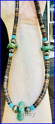 Rare Vintage Turquoise And Heishi Bead Native American Necklace 11 Length