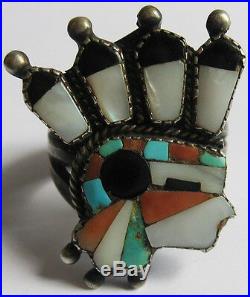 Rare Vintage Zuni Indian Silver Inlaid Turquoise & Stones Indian Chief Ring