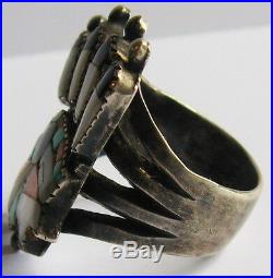 Rare Vintage Zuni Indian Silver Inlaid Turquoise & Stones Indian Chief Ring