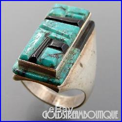 Rare Vintage Zuni Pyne 925 Silver Turquoise Jet Raised Mosaic Inlay Oblong Ring