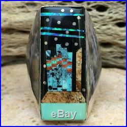 Rare Vintage Zuni Sterling Turquoise Onyx Coral Inlaid Galaxy City Ring Sz 11