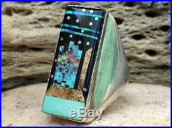Rare Vintage Zuni Sterling Turquoise Onyx Coral Inlaid Galaxy City Ring Sz 11