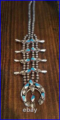 Rare Vintage Zuni Turquoise Coral Inaly Sterling Silver Squash Blossom Necklace
