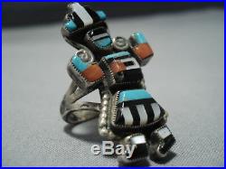Rare Vintage Zuni Turquoise Coral Kachina Sterling Silver Ring Old