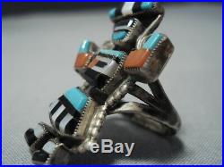 Rare Vintage Zuni Turquoise Coral Kachina Sterling Silver Ring Old