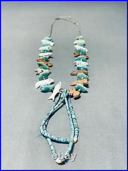 Rare Vintage Zuni Turquoise Coral Shell Fetish Turquoise Jacla Necklace