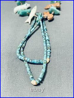 Rare Vintage Zuni Turquoise Coral Shell Fetish Turquoise Jacla Necklace