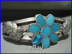 Rare Vintage Zuni Turquoise Flower Silver Leaves Bracelet Cuff