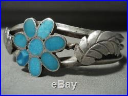 Rare Vintage Zuni Turquoise Flower Silver Leaves Bracelet Cuff