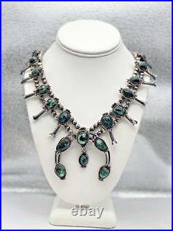 Rare Vtg 24 Navajo Sterling Green Variscite Turquoise Squash Blossom Necklace