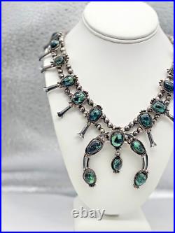 Rare Vtg 24 Navajo Sterling Green Variscite Turquoise Squash Blossom Necklace