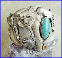 Rare Vtg Native American SCULPTURED WILDCAT Cuff/Bracelet Sterling Turquoise 89g