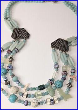 Rare Vtg Zuni Sterling Jadeite Fetish Art Glass Multi Strand Necklace 153gr DM