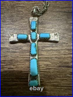 Rare W. Iule Zuni Sterling Silver Turquoise Cross Pendant Necklace