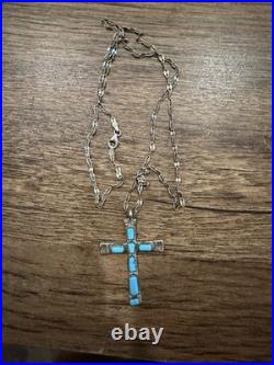 Rare W. Iule Zuni Sterling Silver Turquoise Cross Pendant Necklace