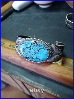 Rare Wow Antique Navajo Sterling Ingot Fred Harvey Cuff Kingman Turquoise