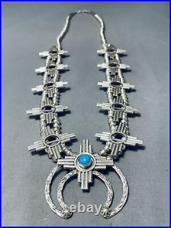 Rare Zia Navajo Turquoise Sterling Silver Squash Blossom Necklace