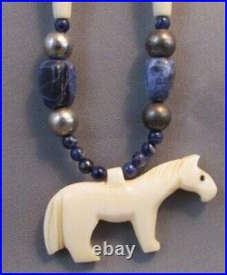 Rare Zuni Native American Carved Horse Fetish Heishi Bone Necklace