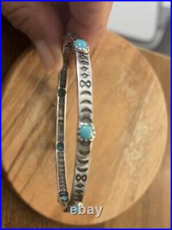 Rare Zuni Navajo Signed Bangle Handmade etched 925 Sterling & Turquoise Bracelet