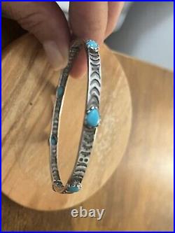 Rare Zuni Navajo Signed Bangle Handmade etched 925 Sterling & Turquoise Bracelet