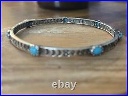 Rare Zuni Navajo Signed Bangle Handmade etched 925 Sterling & Turquoise Bracelet