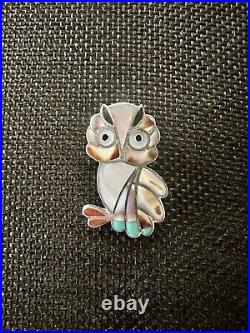 Rare Zuni Snowa Esalion Sterling Silver Multi Stone Inlay Owl Pendant/Brooch 83