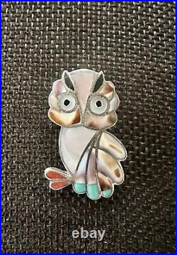 Rare Zuni Snowa Esalion Sterling Silver Multi Stone Inlay Owl Pendant/Brooch 83