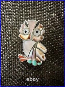 Rare Zuni Snowa Esalion Sterling Silver Multi Stone Inlay Owl Pendant/Brooch 83