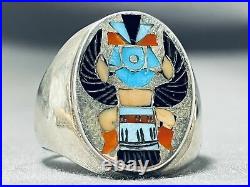 Rare Zuni Vintage Signed Inlay Turquoise Coral Knifewing Sterling Silver Ring