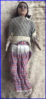 Rare c1930s Native American Cloth Woman Doll with Bead Teeth & Glass Eyes