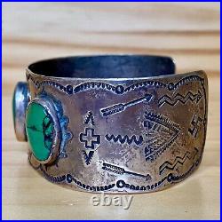 Rare early Navajo CERRILLOS TURQUOISE coin silver whirling logs cuff bracelet